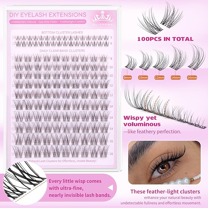 Natural Lash Clusters Kit Wispy Eyelash Clusters Kit with Bottom Eyelashes C Curly Lash Extension Kit with Invisible Band DIY Individual Lashes Kit with Lash Bond and Seal 132Pcs