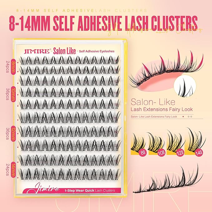 Fairy Self Adhesive Eyelashes Wispy Lash Clusters with Glue Press on Lashes Reusable Self Adhesive Manga Lash Clusters 8-14MM Pre-Glued Eyelashes Clusters Easy to Apply Beginners Friendly by JIMIRE