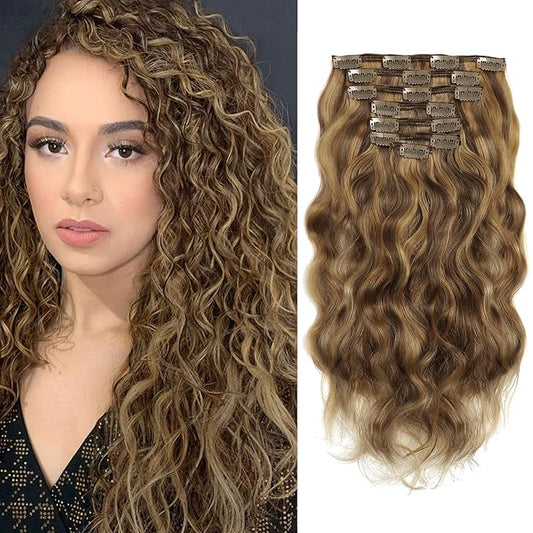 Caliee 16 inch Full Head Natural Wave Curly Clip in Human Hair Extensions Highlight Dark Brown Mixed with Strawberry Blonde for Women Thick End Real Remy Hair Extension Clip ins 120g 7pcs Color #P4/27