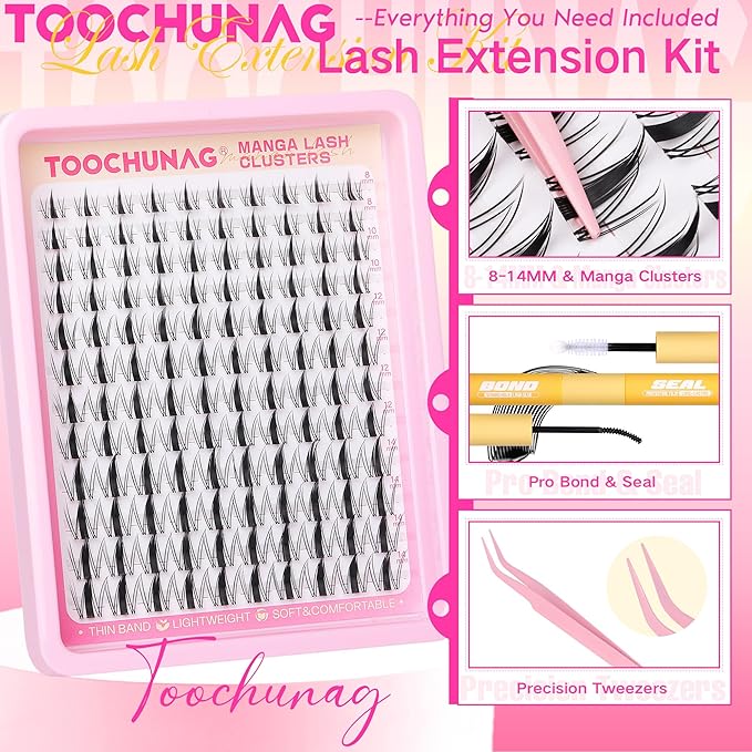 Manga Lash Clusters Kit 8-14mm Invisible Band Manga Eyelash Clusters Kit DIY Lash Extension Kit Spiky Anime Lashes Individual Natural Eyelashes Extensions Clusters by TOOCHUNAG