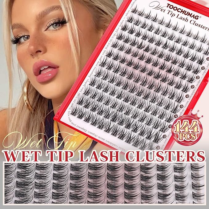 TOOCHUNAG Wispy Eyelash Clusters Manga Lashes Extensions 10-16mm Cluster Lashes Individual 144pcs CC Curly Natural Lash Clusters Wet Tip DIY Soft Cluster Eyelash Extensions