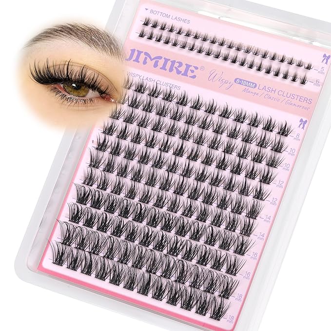 JIMIRE Lash Clusters Wispy Lash Extension Natural Eyelash Clusters 8-18MM D Curly Fluffy Cluster Eyelash Extensions with Bottom Lash Clusters 172Pcs Individual Cluster Lashes DIY at Home
