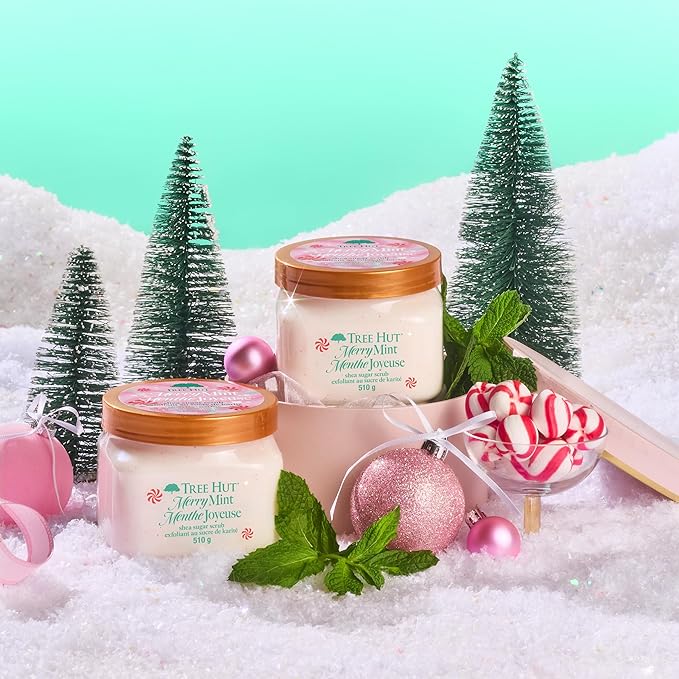Tree Hut Merry Mint Shea Sugar Scrub, Exfoliating & Hydrating Body Scrub with Shea Butter & Essential Oils, Smooth Skin, For All Skin Types, Holiday Gift & Stocking Stuffer, Vegan, 18 oz