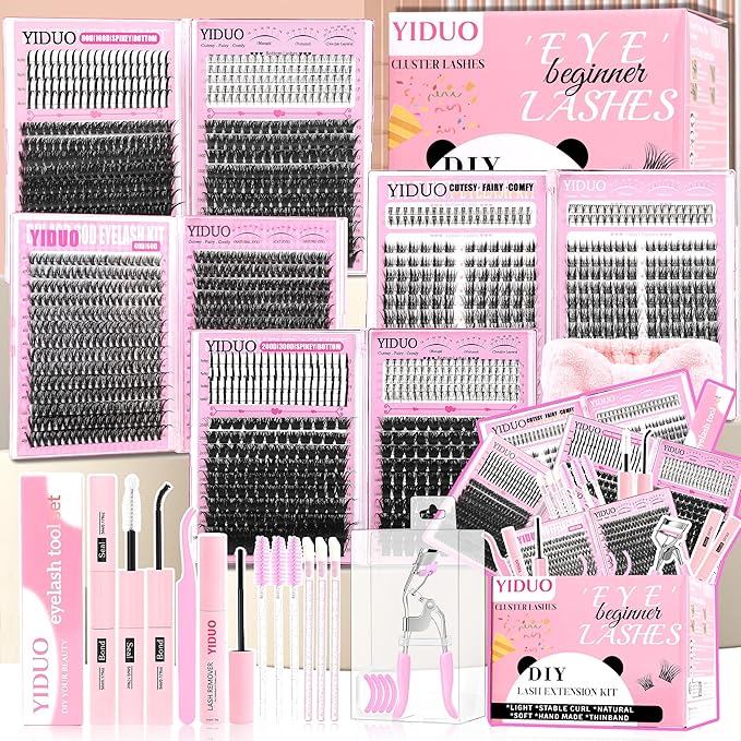 8 Styles Mix Lashes Clusters Kit 4 Box Cluster Lash Book Kit with Bond&Seal 1888Pcs 100D/200D/300D Volume Manga Eyelash Extension Gift Packs for Beginners Bulk Pack DIY at Home Easily