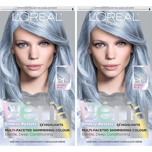 L'Oreal Paris Feria Multi-Faceted Shimmering Permanent Hair Color, 411 Sapphire Smoke (Smokey Blue), Hair Dye Kit, Pack of 2